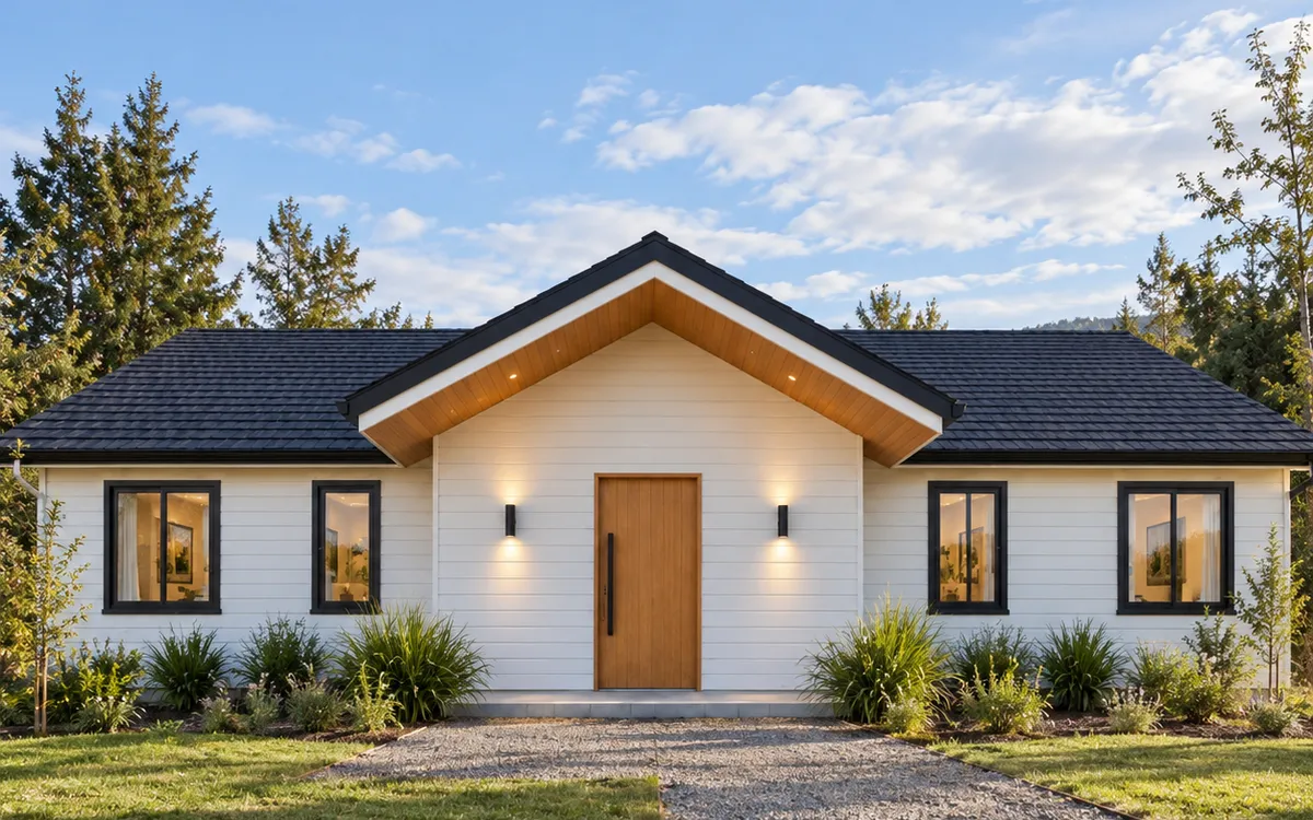 Casa línea Nórdica de Cota Cero: fachada blanca de líneas simples y puerta de madera